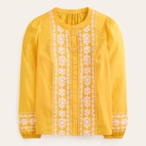 Boden Yellow Embroidered Button-Front Blouse